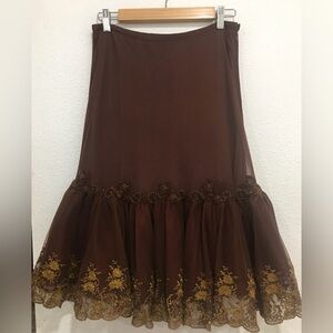 Lithe Brown Drop Waist beaded detail. Tulle overlay, satin skirt. Embroidery